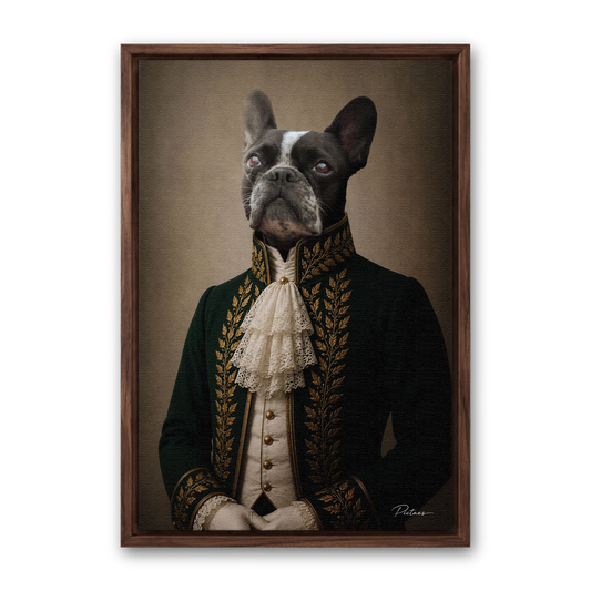 L'Académicien Pictaes — portrait chien habit vert Empire lauriers d'or, présenté avec cadre noyer