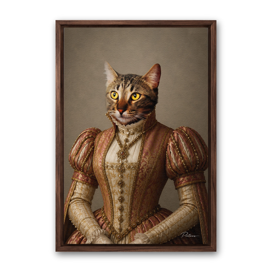 L'Héritière Pictaes — portrait chat robe rose saumon corselet de perles, présenté avec cadre noyer