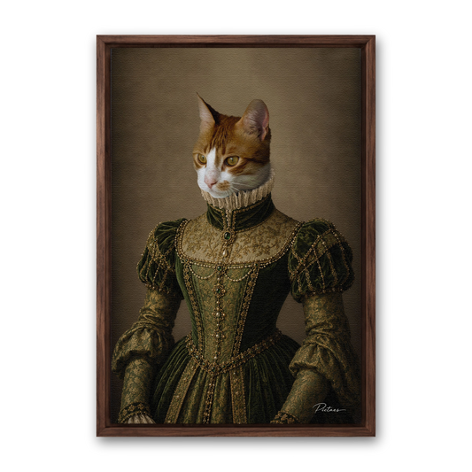 La Bourgeoise Pictaes — portrait chat velours vert brodé d'or fraise Renaissance, présenté avec cadre noyer