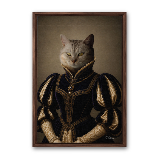 La Duchesse Pictaes — portrait chat velours bleu nuit brodé d'or, présenté avec cadre noyer