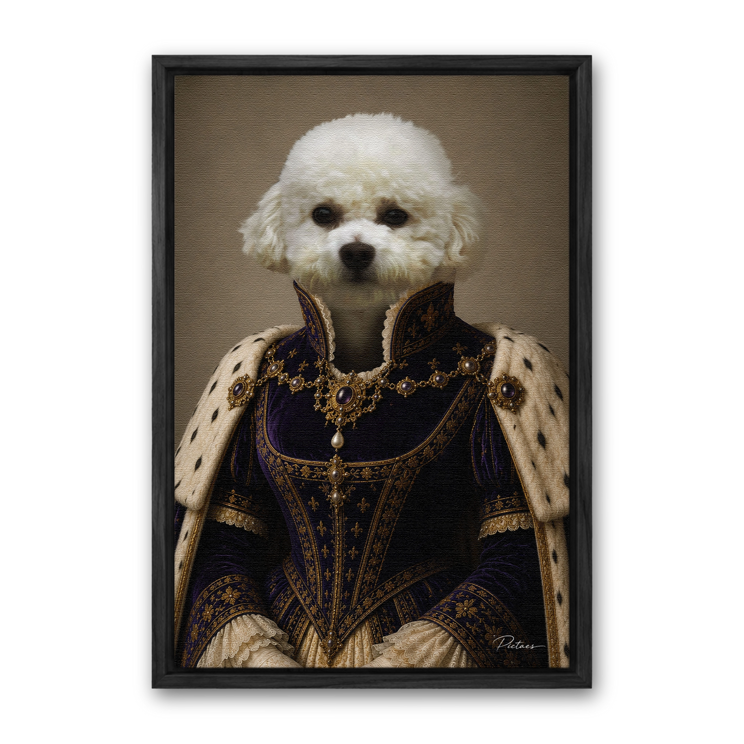 La Reine Pictaes — portrait royal Renaissance, encadré cadre noir sur toile premium