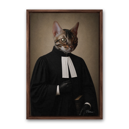 Le Magistrat Pictaes — portrait chien robe noire rabat blanc Code Civil, présenté avec cadre noyer