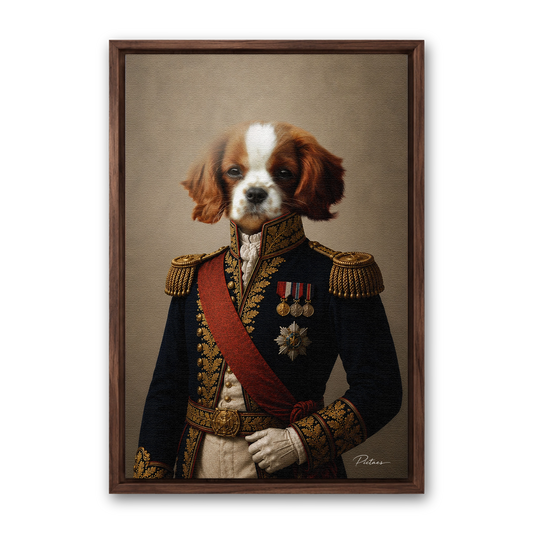 Le Général Pictaes — portrait chien habit bleu marine épaulettes dorées, présenté avec cadre noyer