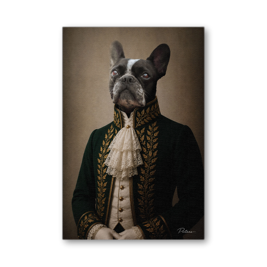 Portrait Renaissance personnalisé chien chat en Académicien — habit vert Empire brodé de lauriers d'or, jabot dentelle blanc — atelier numérique français Pictaes