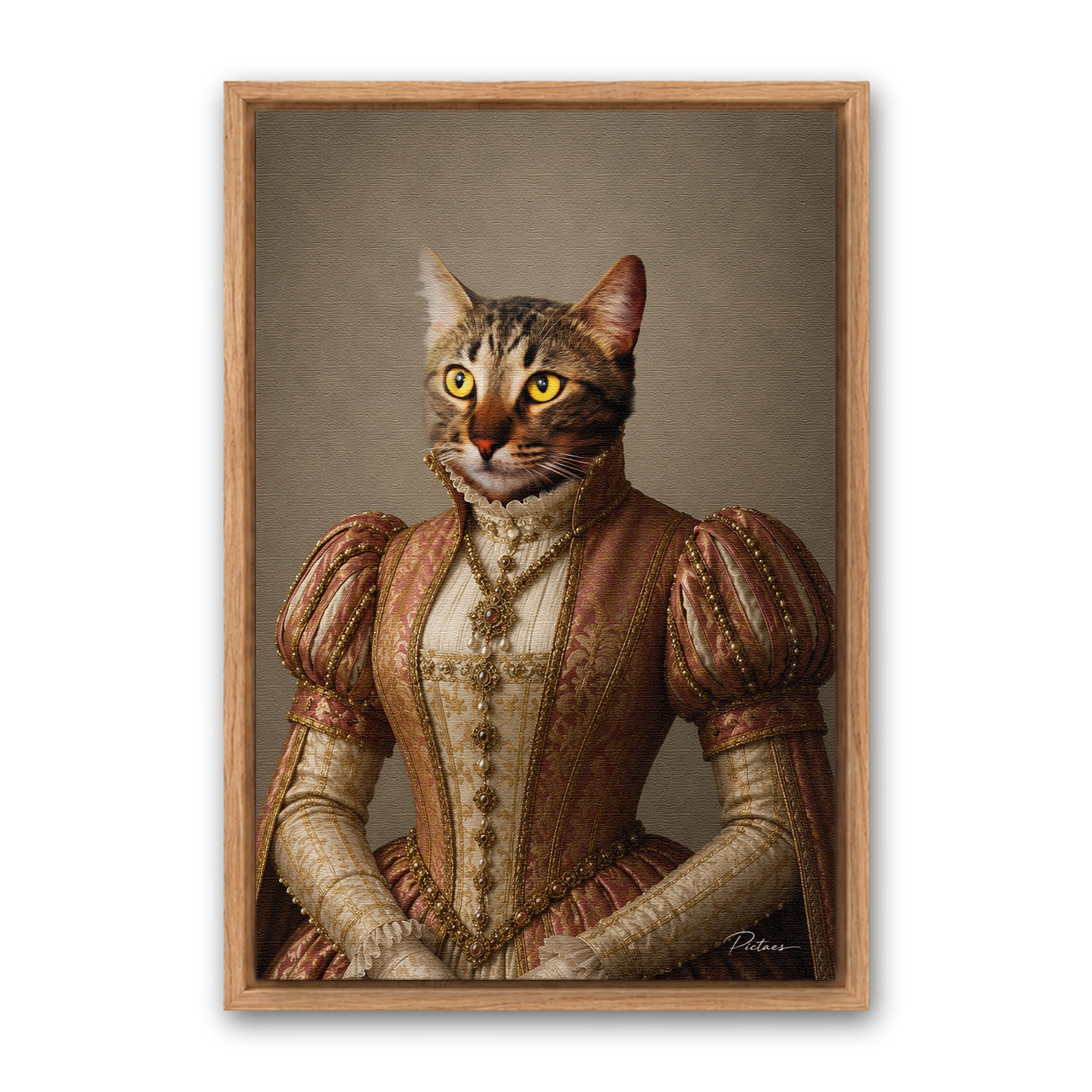 L'Héritière Pictaes — tableau chat personnalisé Renaissance sur toile, cadre chêne