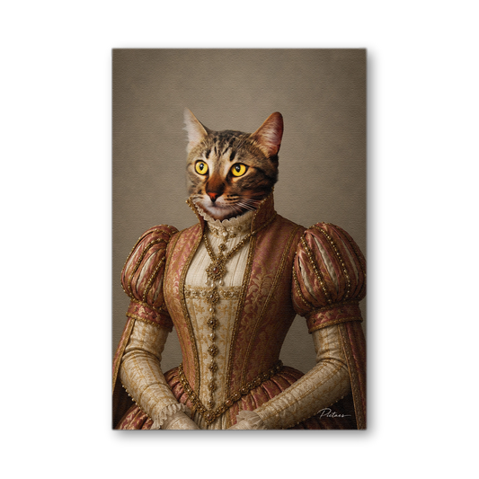 Portrait Renaissance personnalisé chat chien en Héritière — robe rose saumon et or, corselet brodé de perles, double collier de chaînes or, médaillon — Pictaes atelier français