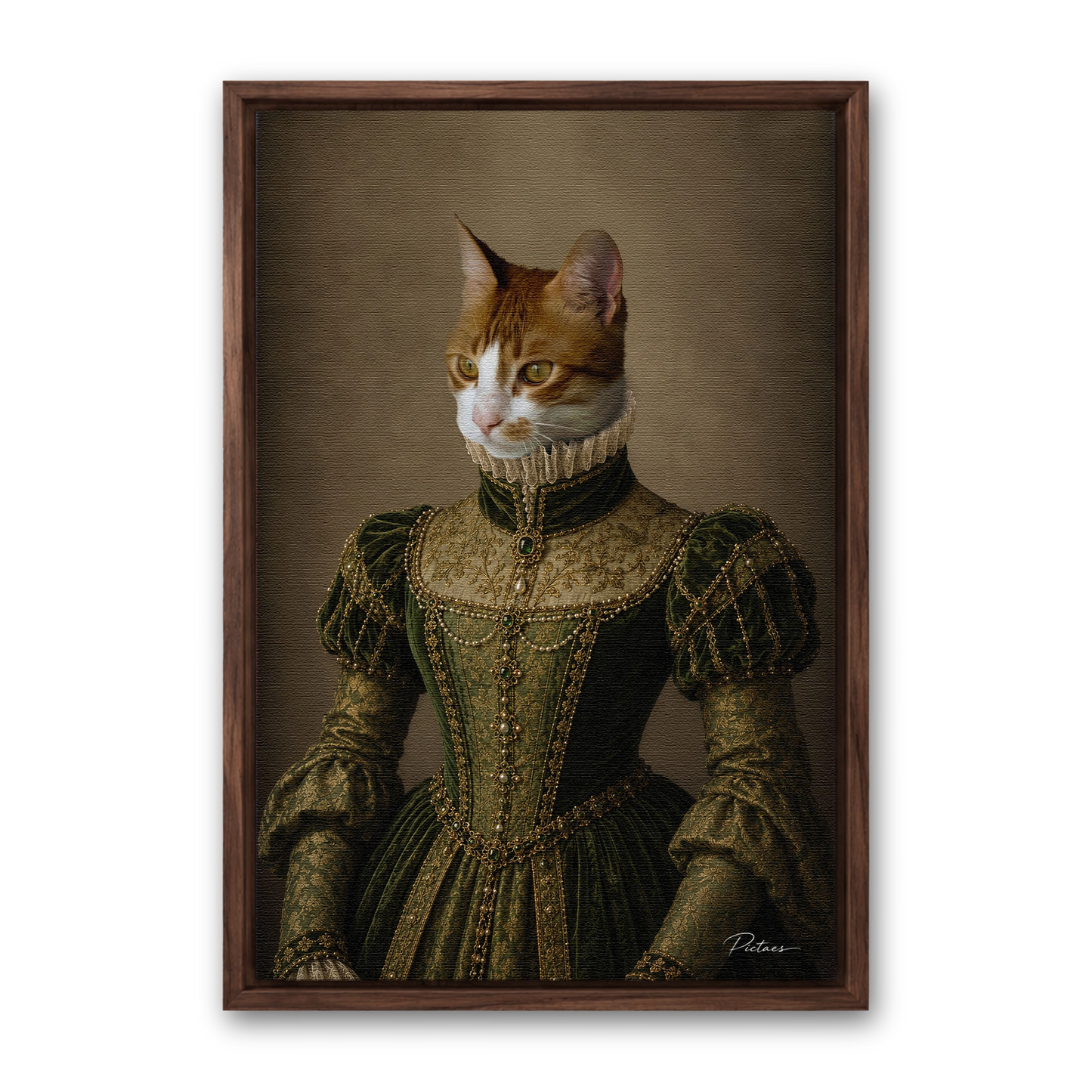 La Bourgeoise Pictaes — portrait chat velours vert brodé d'or fraise Renaissance, présenté avec cadre noyer