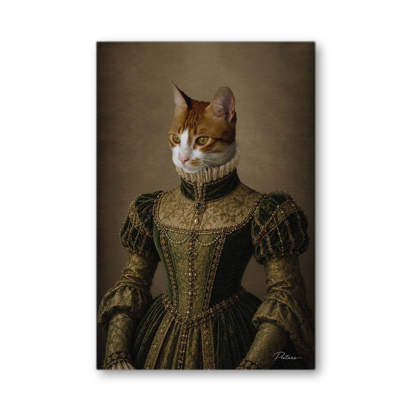 Portrait Renaissance personnalisé chat chien en Bourgeoise fin XVIe — velours vert brodé d'or, fraise dentelle, broches émeraudes, ceinture brodée — Pictaes atelier français