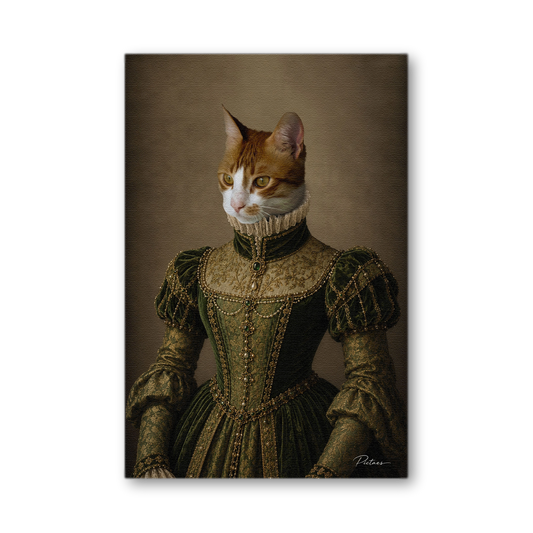 Portrait Renaissance personnalisé chat chien en Bourgeoise fin XVIe — velours vert brodé d'or, fraise dentelle, broches émeraudes, ceinture brodée — Pictaes atelier français
