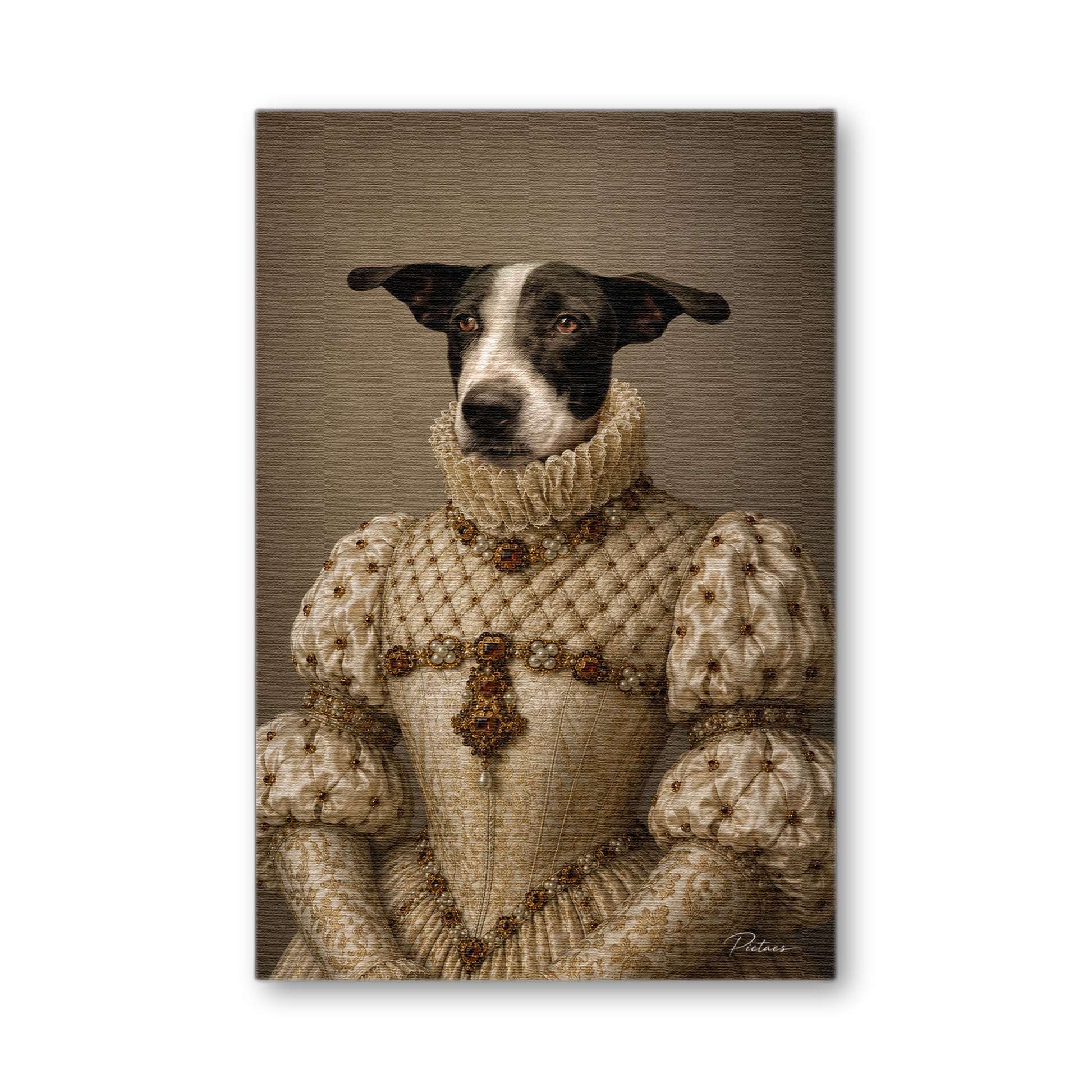 Portrait Renaissance personnalisé chat chien en Dame Tudor — robe crème ivoire, fraise dentelle, manches bouffantes perlées, collier ambre grenat — Pictaes atelier français