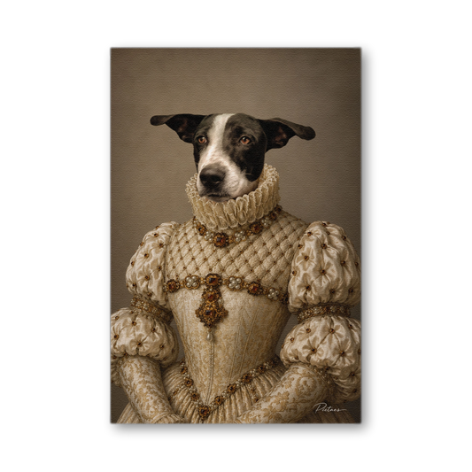 Portrait Renaissance personnalisé chat chien en Dame Tudor — robe crème ivoire, fraise dentelle, manches bouffantes perlées, collier ambre grenat — Pictaes atelier français