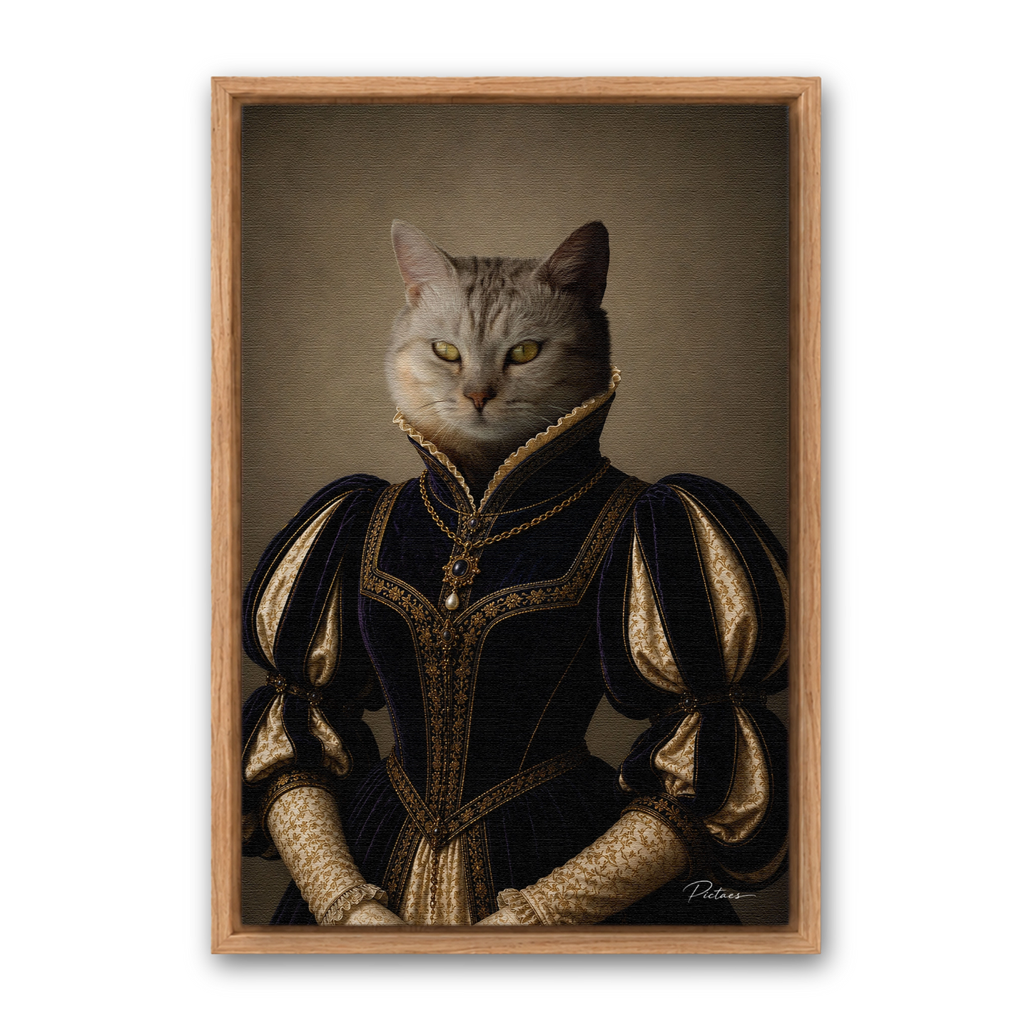 La Duchesse Pictaes — tableau chat personnalisé Renaissance sur toile, cadre chêne