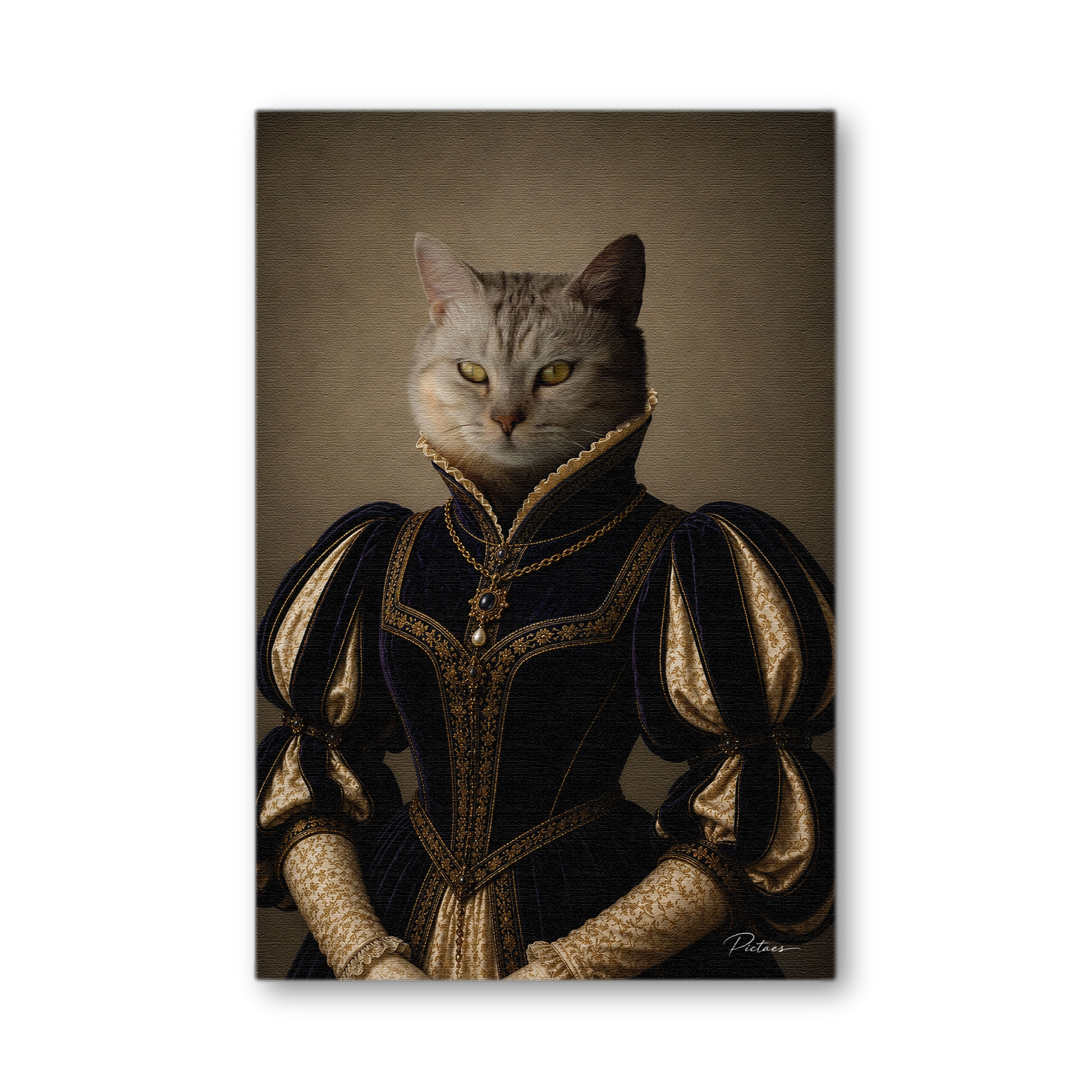 Portrait Renaissance personnalisé chat chien en Duchesse — velours bleu nuit brodé d'or, manches crevées XVIe, collerette dentelle, chaîne or — Pictaes atelier français