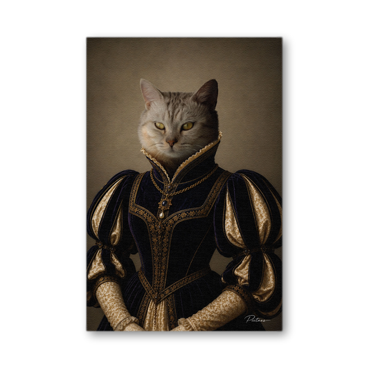Portrait Renaissance personnalisé chat chien en Duchesse — velours bleu nuit brodé d'or, manches crevées XVIe, collerette dentelle, chaîne or — Pictaes atelier français