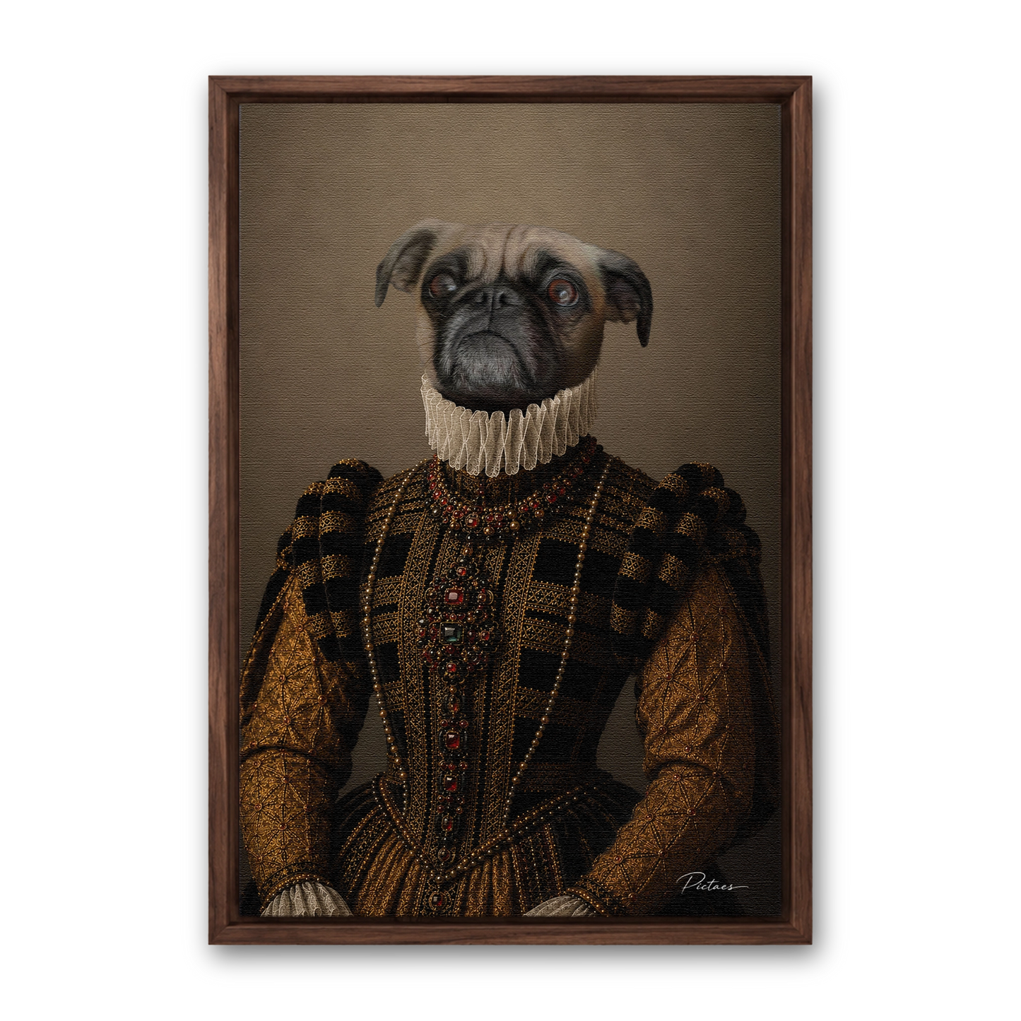 La Lady Pictaes — portrait chat robe noir et or plastron de rubis, présenté avec cadre noyer