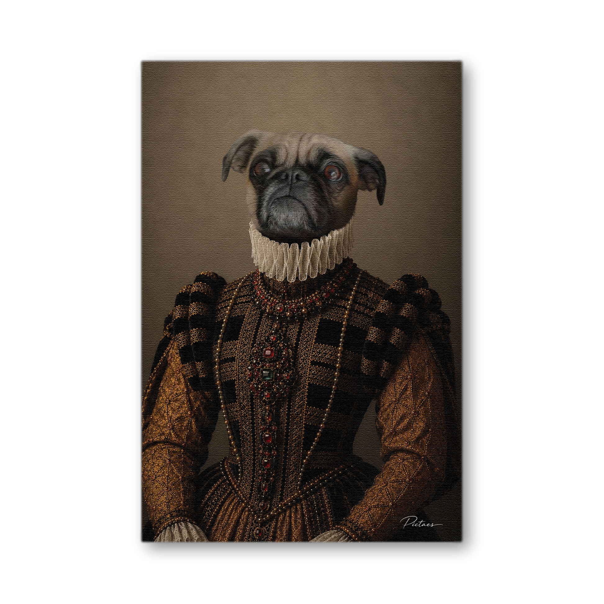 Portrait Renaissance personnalisé chat chien en Lady Tudor — robe noir et or, grande fraise dentelle, plastron brodé de rubis grenats, colliers de perles — Pictaes atelier français