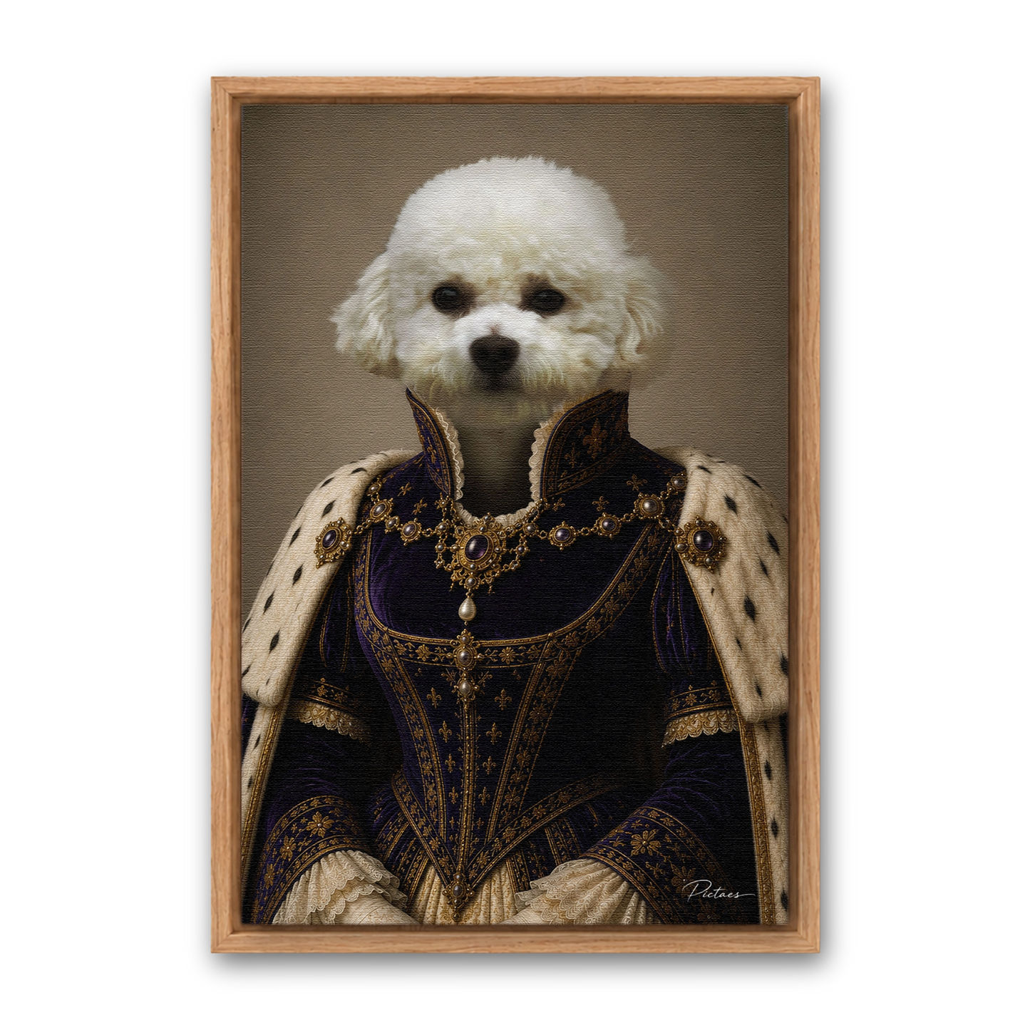 La Reine Pictaes — tableau chat personnalisé Renaissance sur toile, cadre chêne
