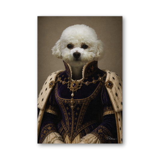 Portrait Renaissance personnalisé chat chien en Reine — robe violet pourpre brodée de fleurs de lys d'or, manteau d'hermine, collier d'or à cabochons — Pictaes atelier français