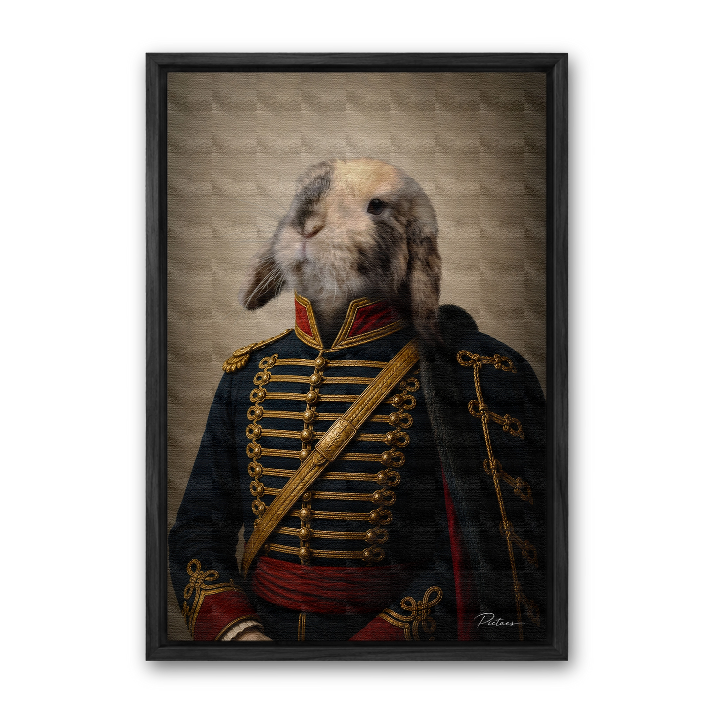 Le Hussard Pictaes — portrait hussard d'Empire, encadré cadre noir sur toile premium