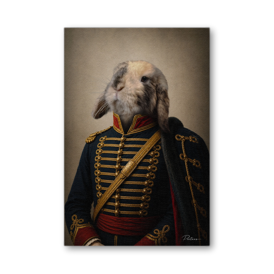 Portrait Renaissance personnalisé chien chat en Hussard — dolman bleu marine à brandebourgs dorés, pelisse à fourrure noire, ceinture rouge — atelier numérique français Pictaes