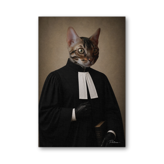 Portrait personnalisé chien chat en Magistrat — robe noire d'audience, rabat blanc plissé, Code Civil — style classique justice française — Pictaes atelier numérique