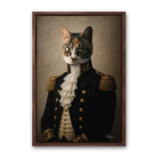 Le Marin Pictaes — portrait chien redingote noire boutons d'ancre dorés, présenté avec cadre noyer