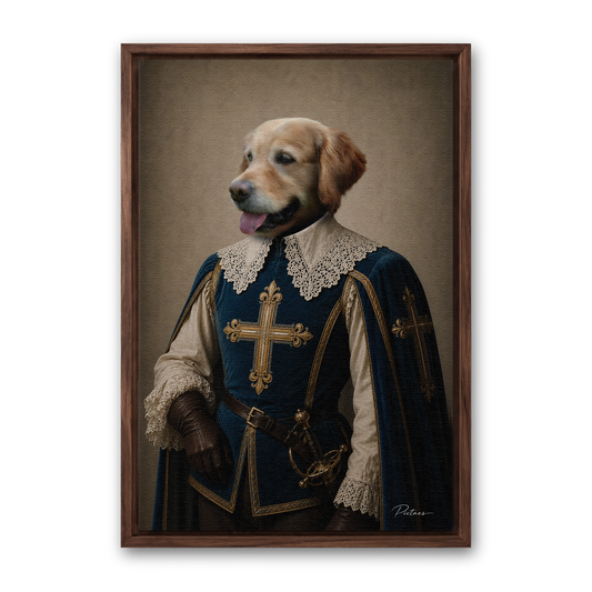 Le Mousquetaire Pictaes — portrait chien tabard bleu nuit croix d'or, présenté avec cadre noyer