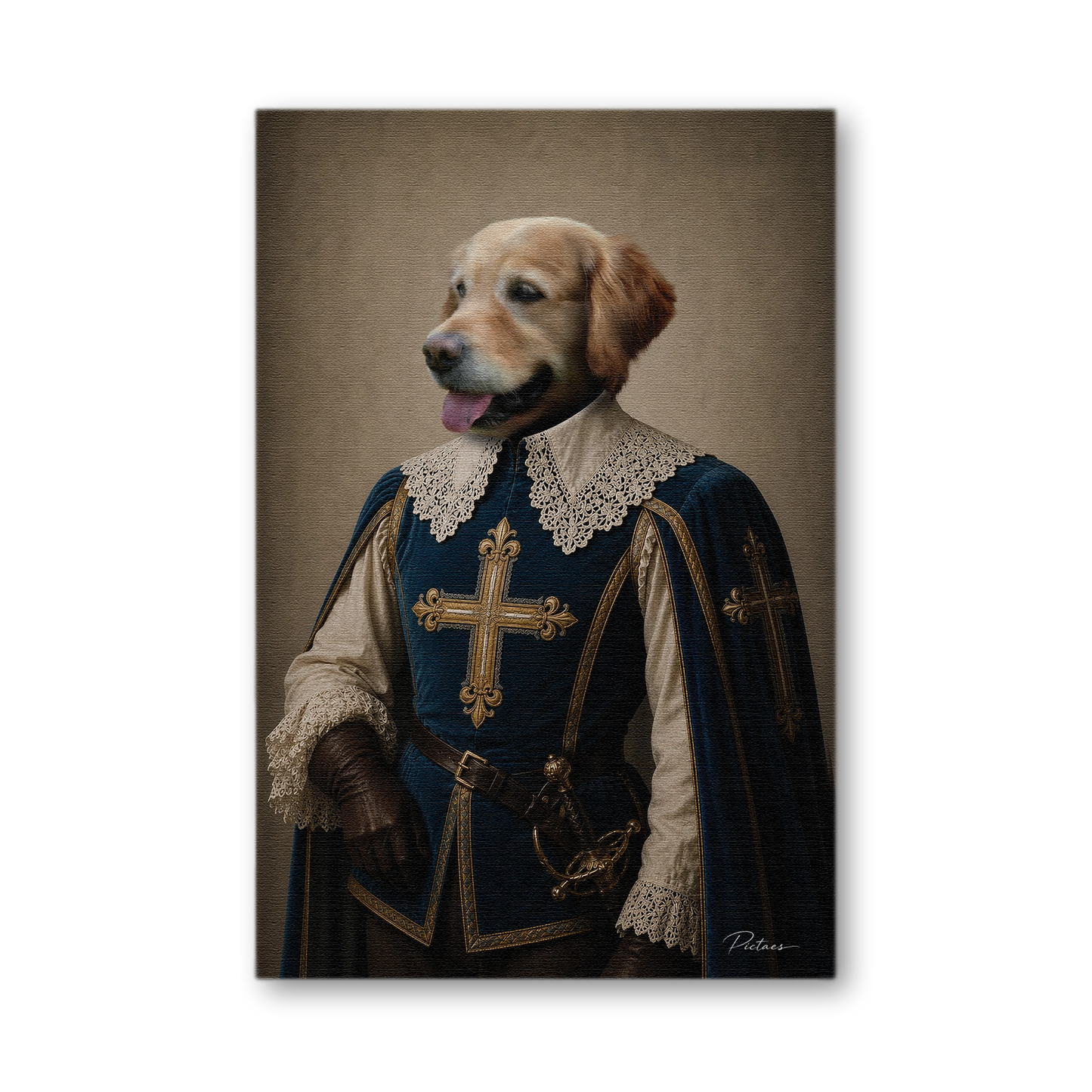 Portrait Renaissance personnalisé chien chat en Mousquetaire — tabard bleu nuit brodé d'une grande croix d'or des Mousquetaires du Roi, col Vandyck dentelle, rapière dorée — Pictaes
