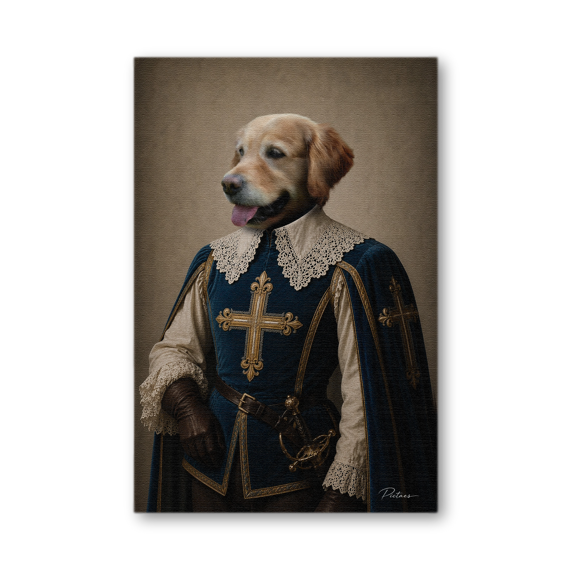 Portrait Renaissance personnalisé chien chat en Mousquetaire — tabard bleu nuit brodé d'une grande croix d'or des Mousquetaires du Roi, col Vandyck dentelle, rapière dorée — Pictaes