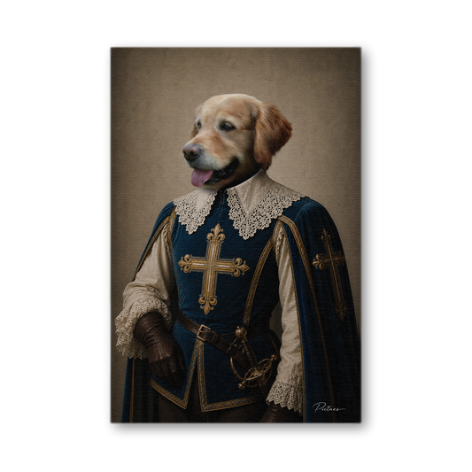 Portrait Renaissance personnalisé chien chat en Mousquetaire — tabard bleu nuit brodé d'une grande croix d'or des Mousquetaires du Roi, col Vandyck dentelle, rapière dorée — Pictaes